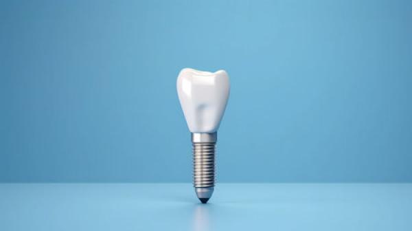 A tooth implant in front of a blue background